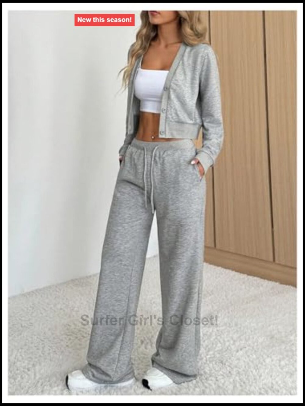 Women's Sweatsuit Set with Long Sleeve Button Down Crop Top and Straight Pants - Picture 3 of 4